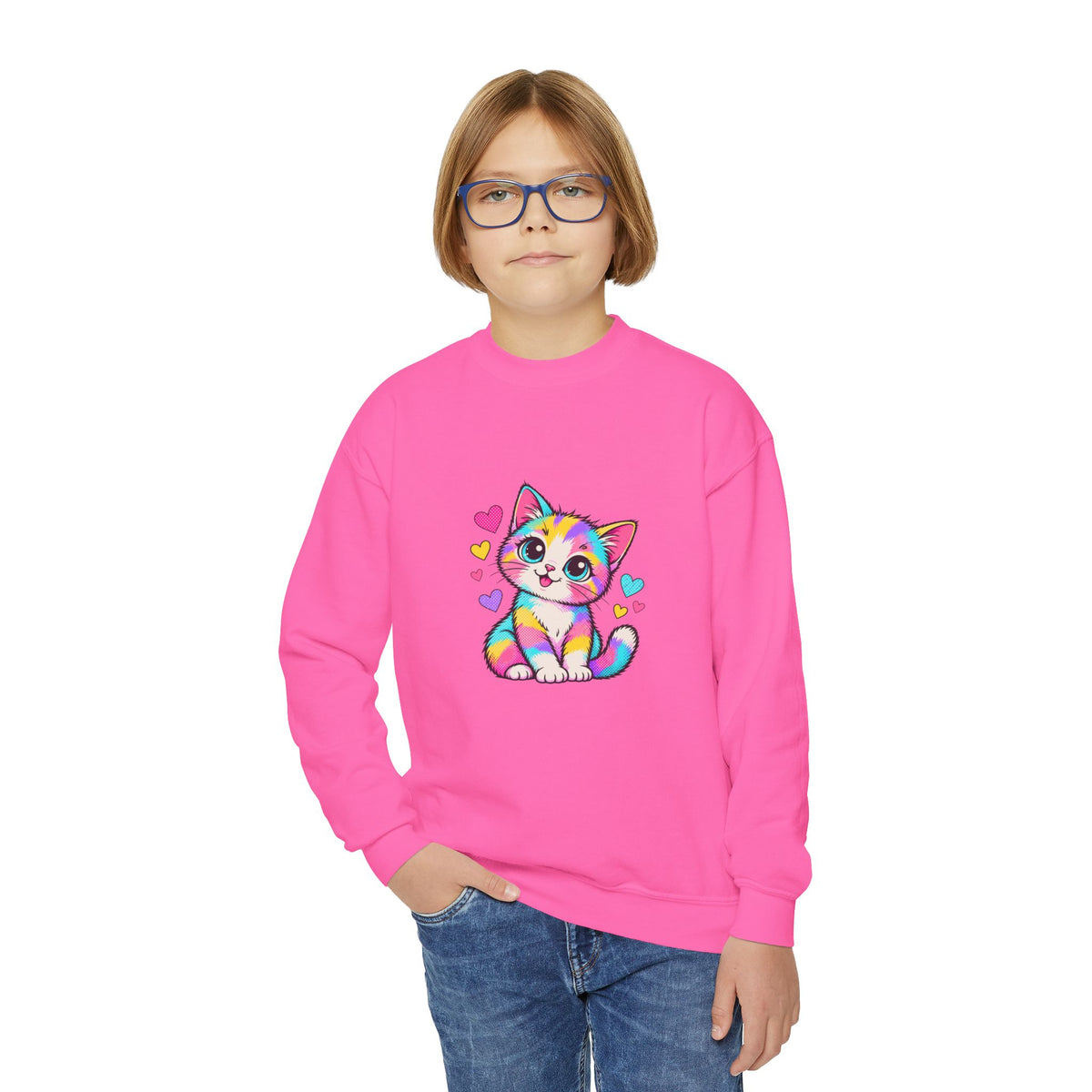 Cute Pop Art Kitten Kids Sweatshirt – Colorful Cat & Hearts
