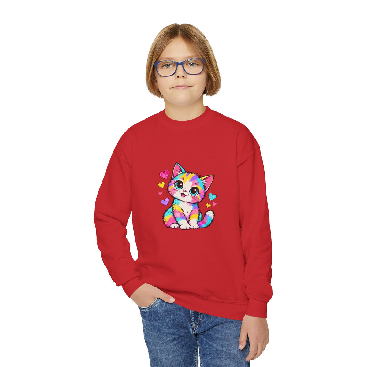 Cute Pop Art Kitten Kids Sweatshirt – Colorful Cat & Hearts