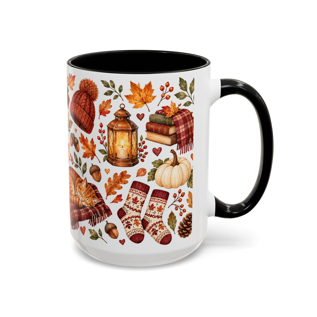 Cozy Autumn Coffee Mug – Sleeping Cat, Books & Fall Leaves, 15oz