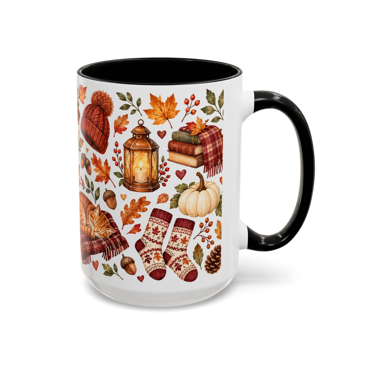 Cozy Autumn Coffee Mug – Sleeping Cat, Books & Fall Leaves, 15oz