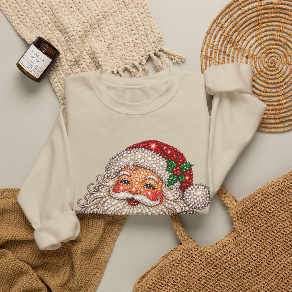 Santa Claus & Big Red Bow Sweatshirt for Women – Printed Rhinestone Effect