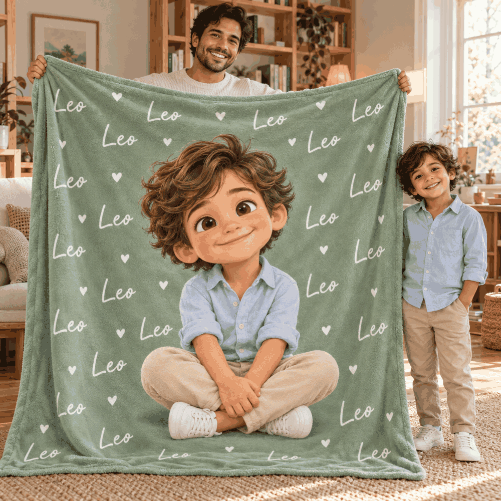 Personalized cartoon portrait blanket – Leo, example personalization