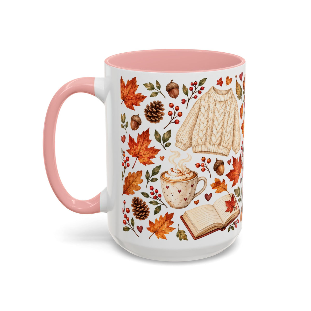 Cozy Autumn Coffee Mug – Sleeping Cat, Books & Fall Leaves, 15oz