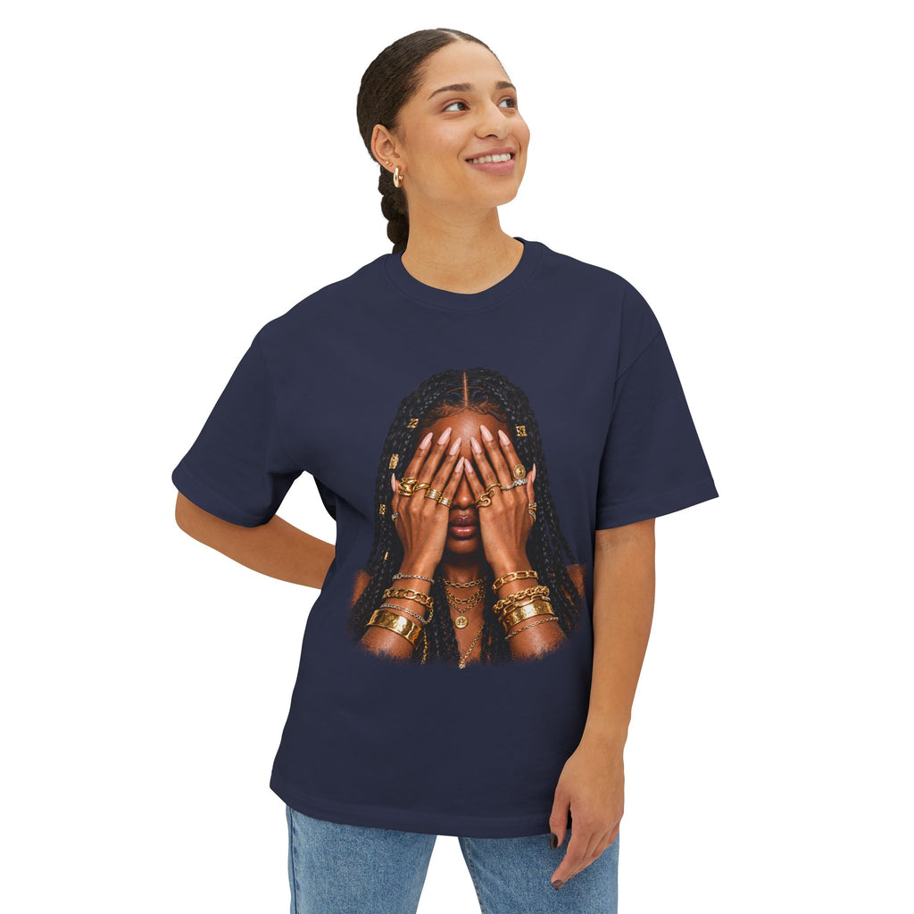 Golden Confidence Oversized Graphic Tee – Braided Woman & Gold Jewelry Print