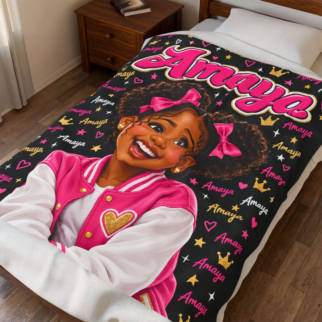 Personalized Girl Portrait Blanket – Custom Photo & Name, Pink and Gold Velveteen Throw