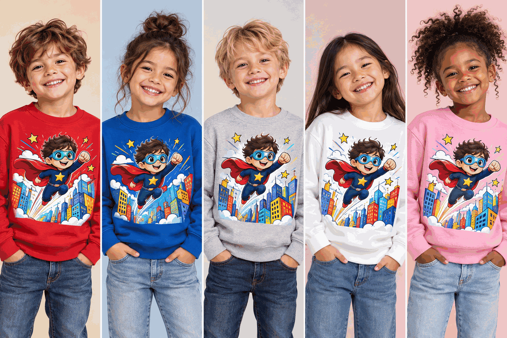 Illustrative mockups: children wearing the little superhero sweatshirt in red, royal blue, grey, white and pink
