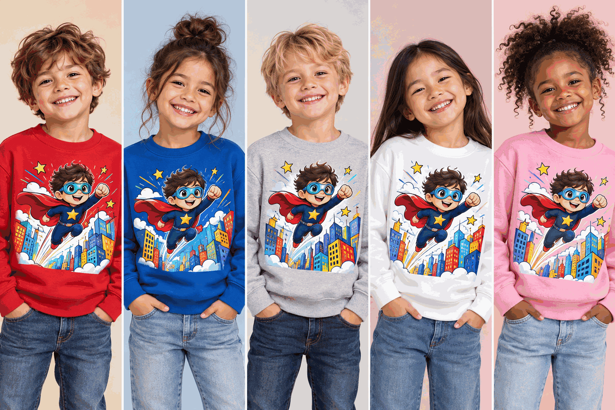 Illustrative mockups: children wearing the little superhero sweatshirt in red, royal blue, grey, white and pink