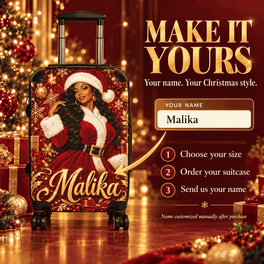 Make it yours – Personalized Malika Mrs Claus Christmas suitcase – choose your size and send your name after purchase