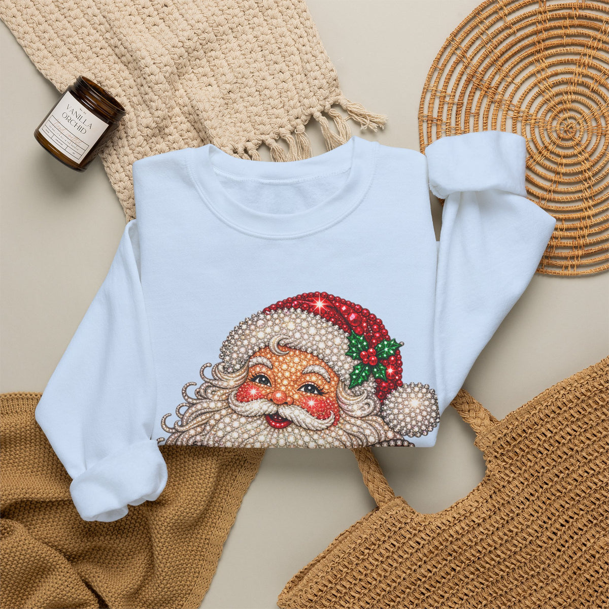 Santa Claus & Big Red Bow Sweatshirt for Women – Printed Rhinestone Effect