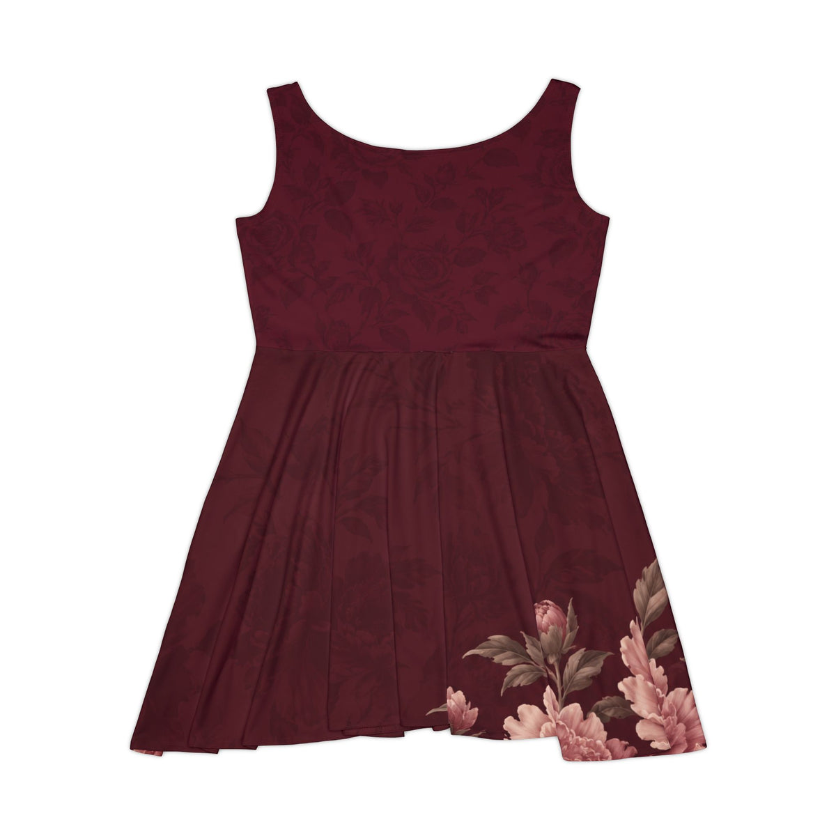 Burgundy Rose Skater Dress – Tonal Floral Print