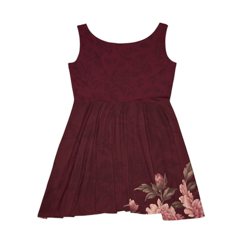Burgundy Rose Skater Dress – Tonal Floral Print