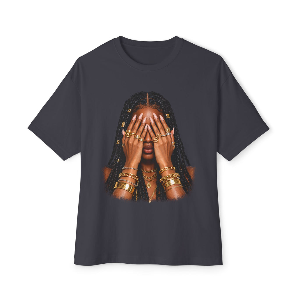 Golden Confidence Oversized Graphic Tee – Braided Woman & Gold Jewelry Print