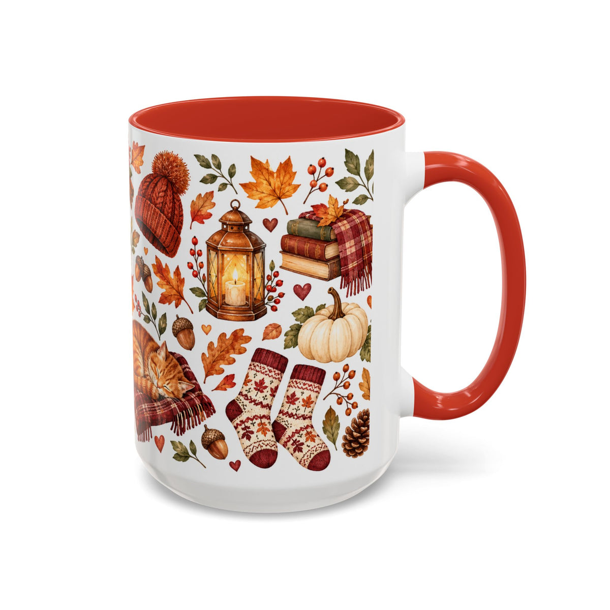 Cozy Autumn Coffee Mug – Sleeping Cat, Books & Fall Leaves, 15oz