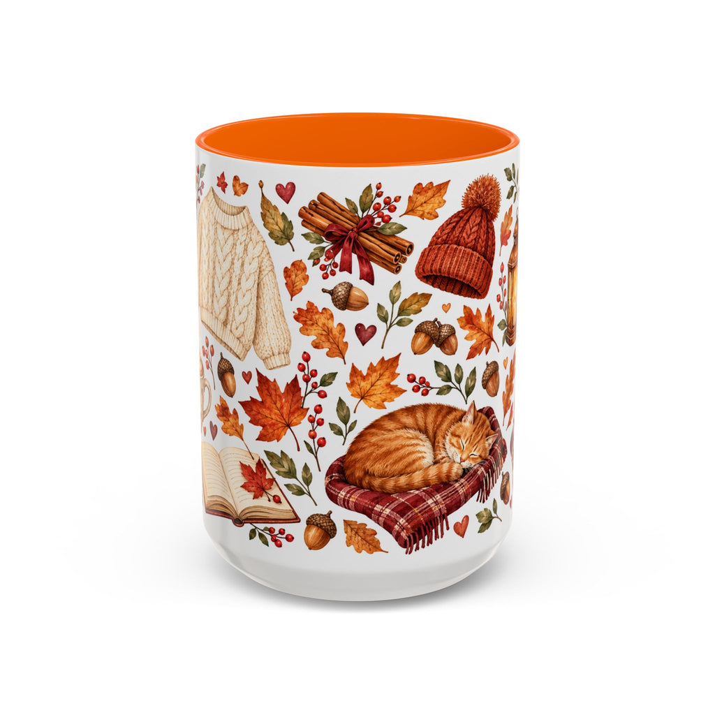 Cozy Autumn Coffee Mug – Sleeping Cat, Books & Fall Leaves, 15oz
