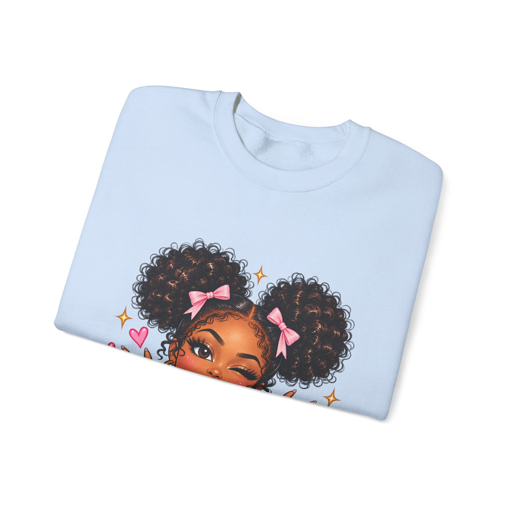 Playful Afro Girl Sweatshirt – Pink Bows & Peace Signs – Adult Crewneck