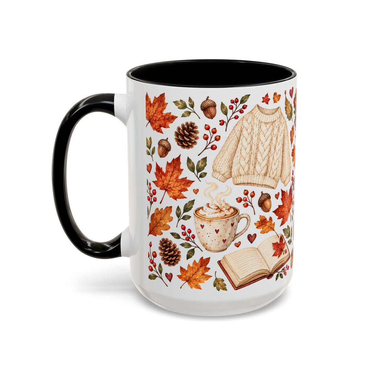 Cozy Autumn Coffee Mug – Sleeping Cat, Books & Fall Leaves, 15oz