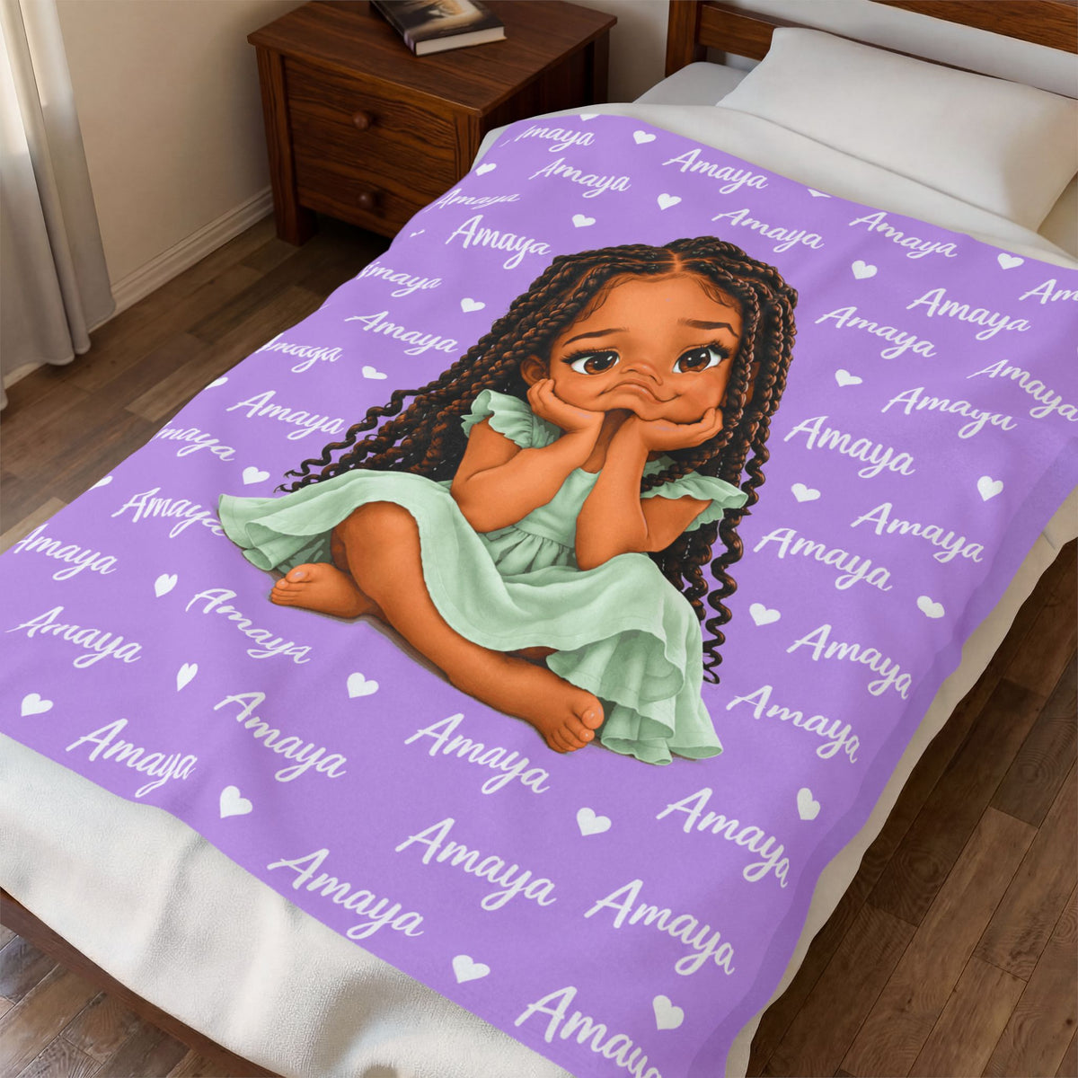 Personalized Kids Cartoon Portrait Blanket – Custom Photo, Name & Hearts