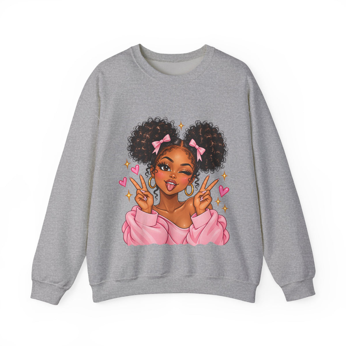 Playful Afro Girl Sweatshirt – Pink Bows & Peace Signs – Adult Crewneck