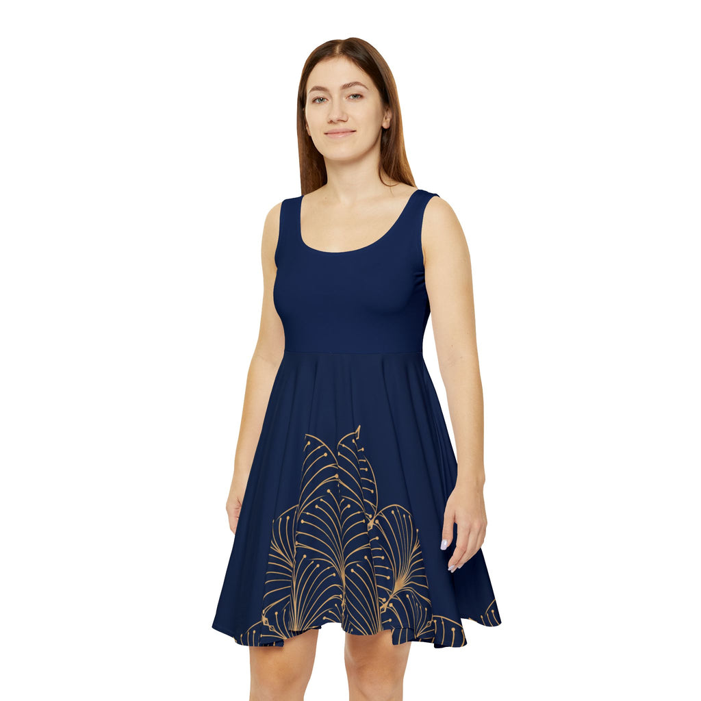 Midnight Navy Art Deco Skater Dress – Champagne Print