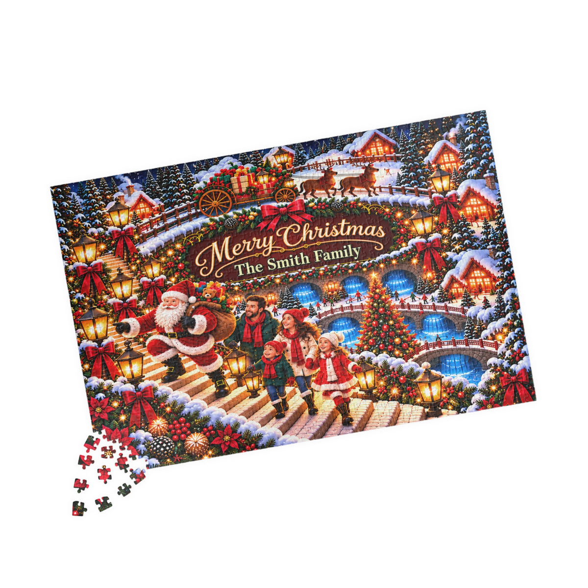 Personalized Christmas Family Puzzle – Custom Photo & Family Name, Santa Village, Printed 3D Effect