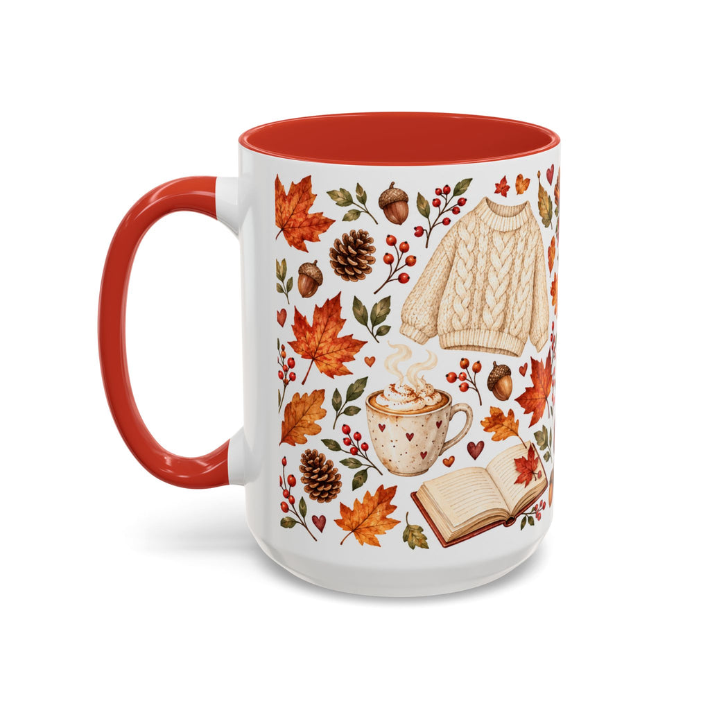 Cozy Autumn Coffee Mug – Sleeping Cat, Books & Fall Leaves, 15oz