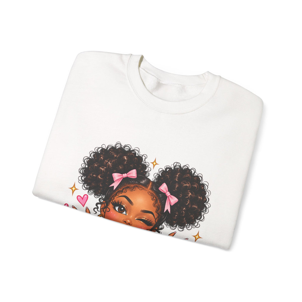 Playful Afro Girl Sweatshirt – Pink Bows & Peace Signs – Adult Crewneck