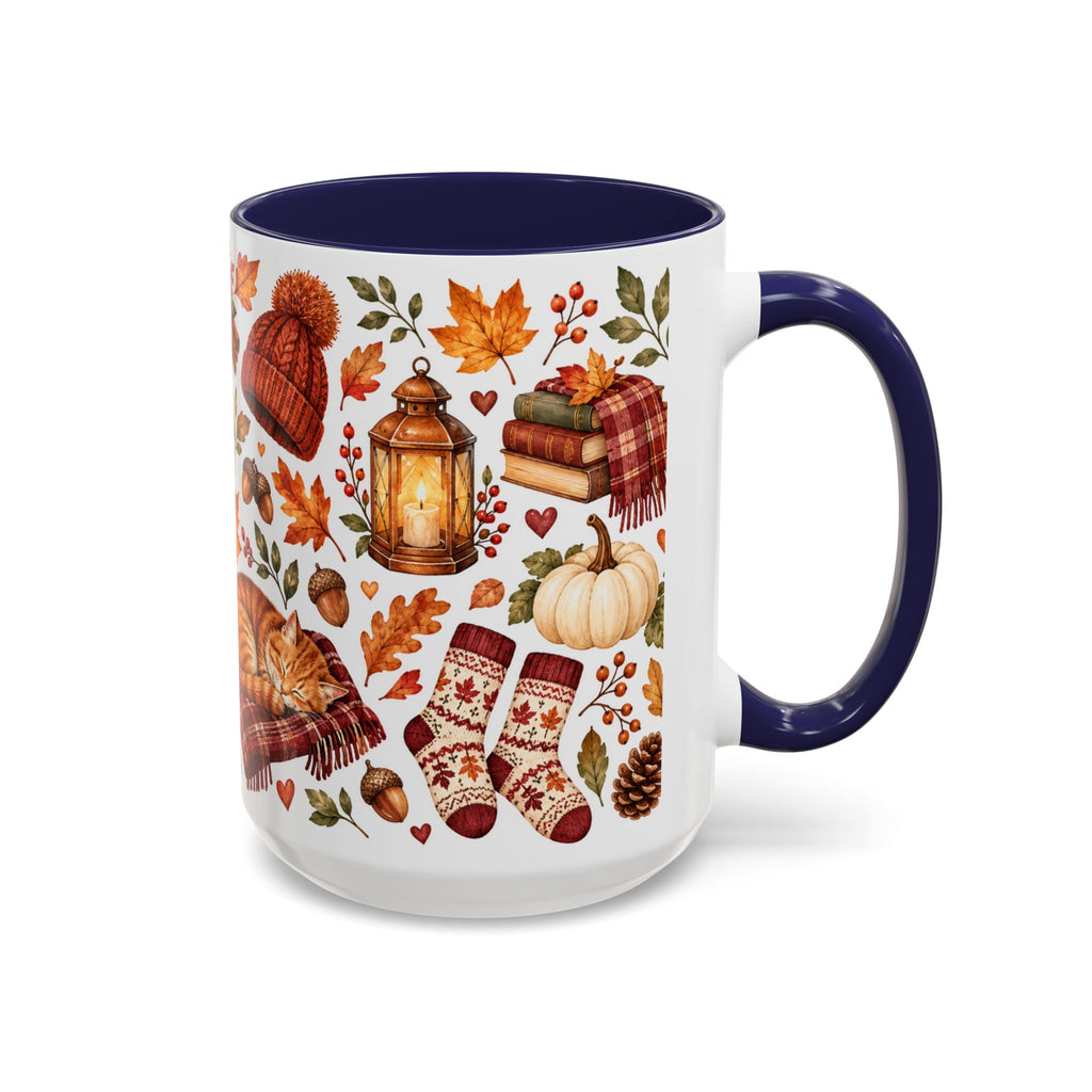 Cozy Autumn Coffee Mug – Sleeping Cat, Books & Fall Leaves, 15oz
