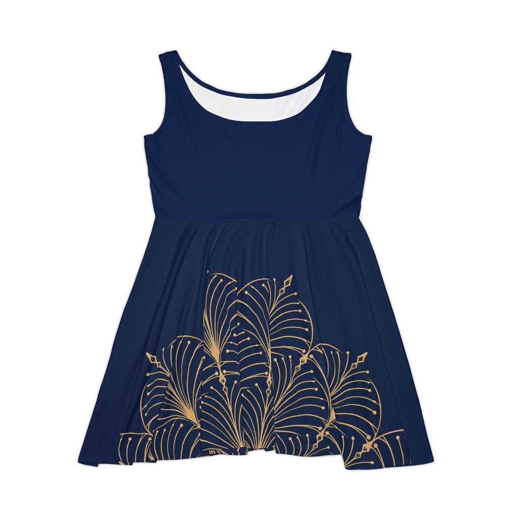 Midnight Navy Art Deco Skater Dress – Champagne Print