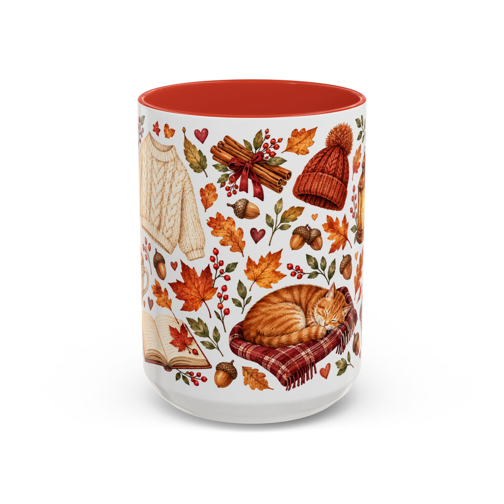 Cozy Autumn Coffee Mug – Sleeping Cat, Books & Fall Leaves, 15oz