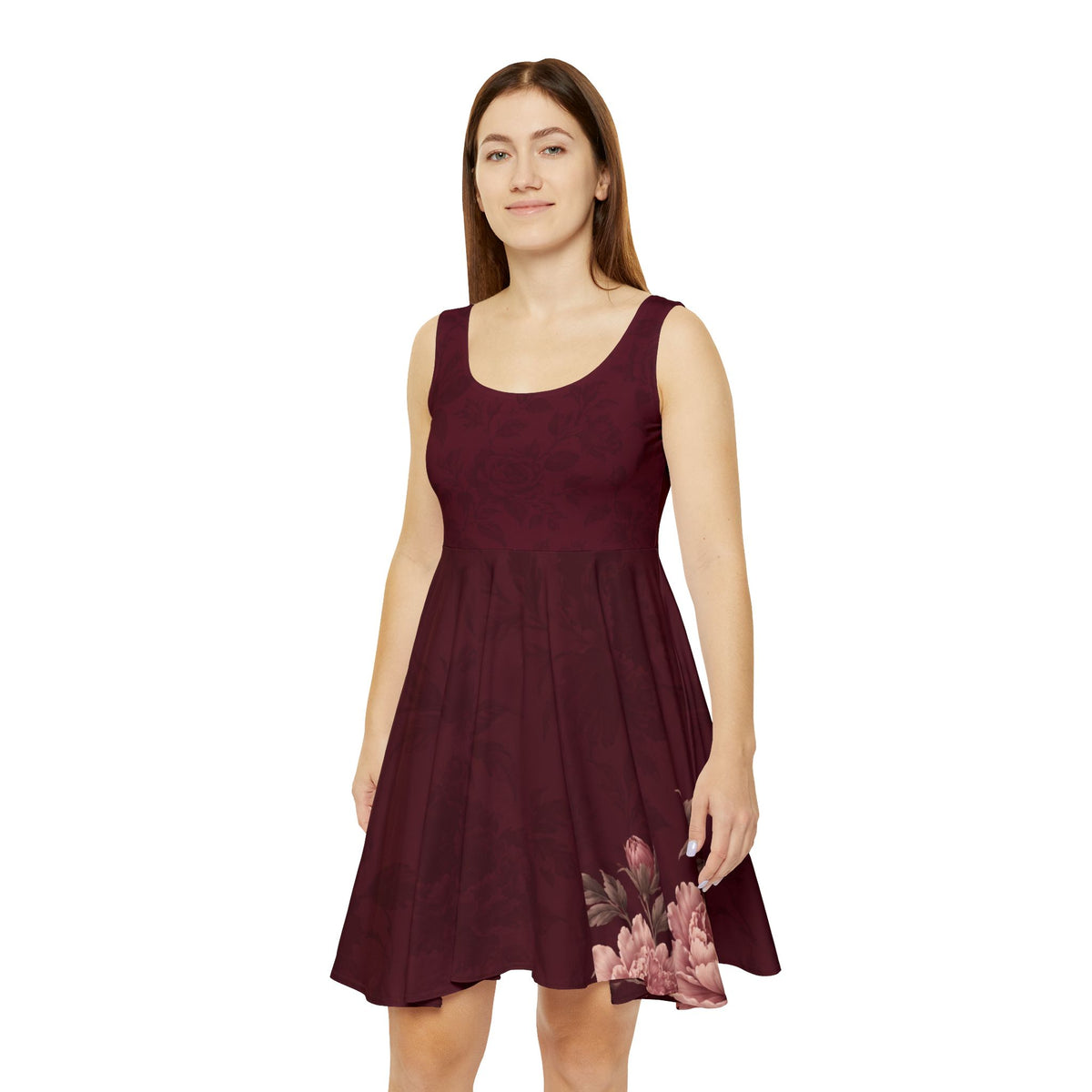 Burgundy Rose Skater Dress – Tonal Floral Print