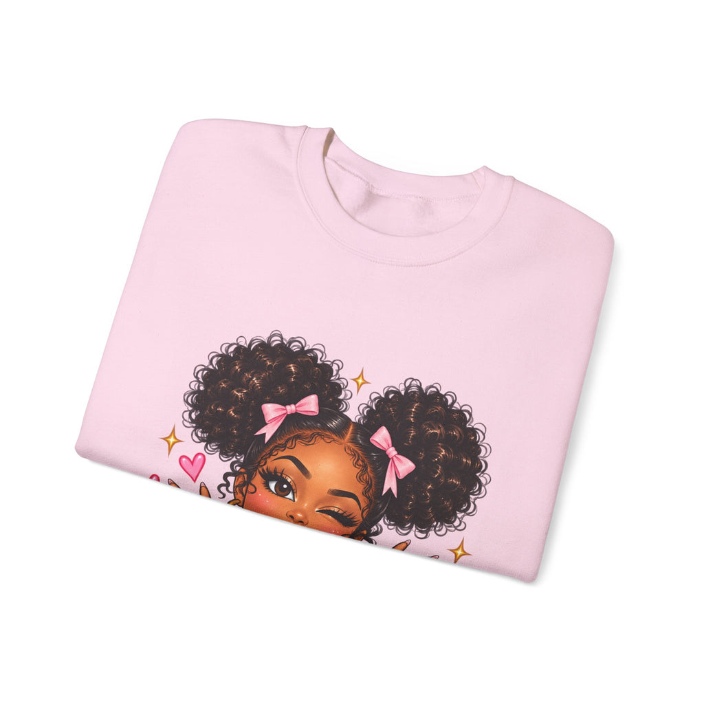 Playful Afro Girl Sweatshirt – Pink Bows & Peace Signs – Adult Crewneck