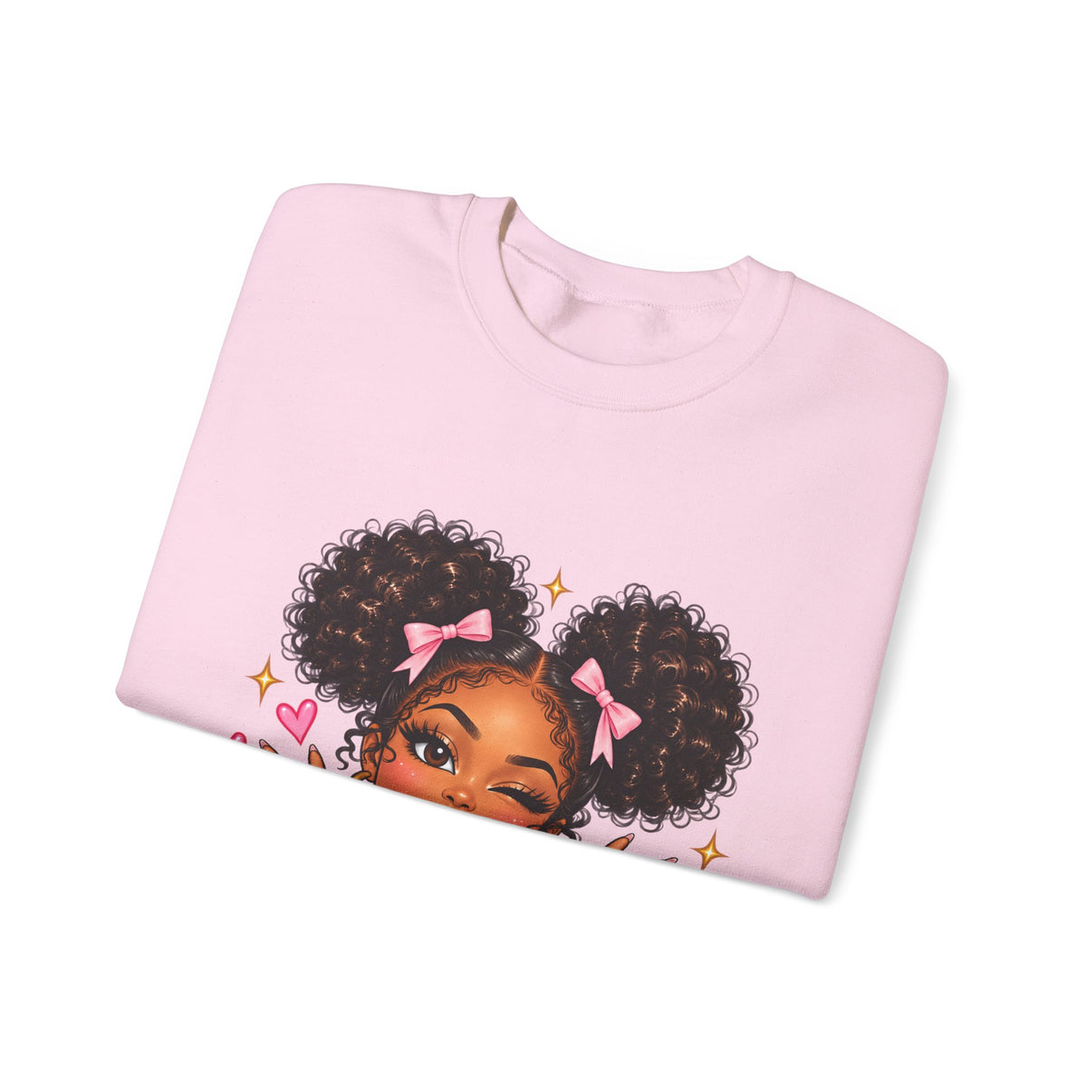 Playful Afro Girl Sweatshirt – Pink Bows & Peace Signs – Adult Crewneck