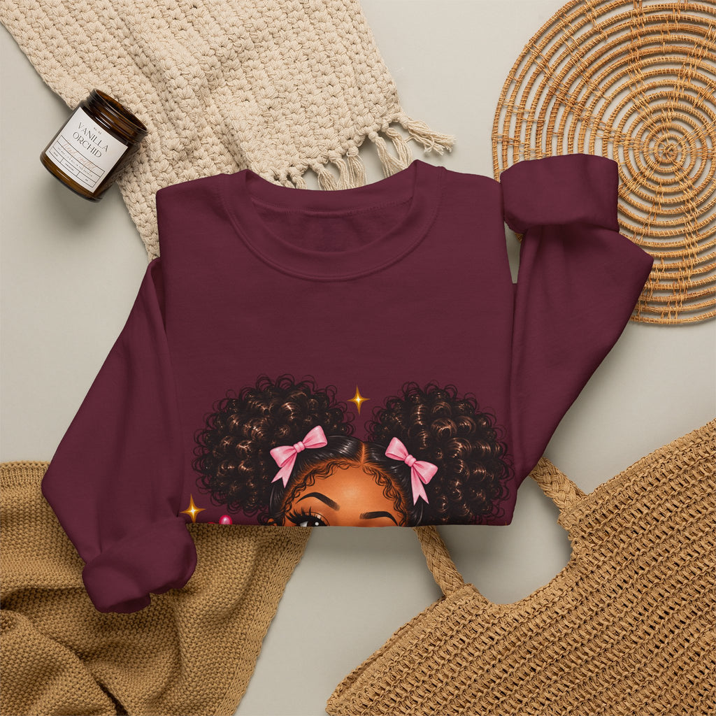 Playful Afro Girl Sweatshirt – Pink Bows & Peace Signs – Adult Crewneck