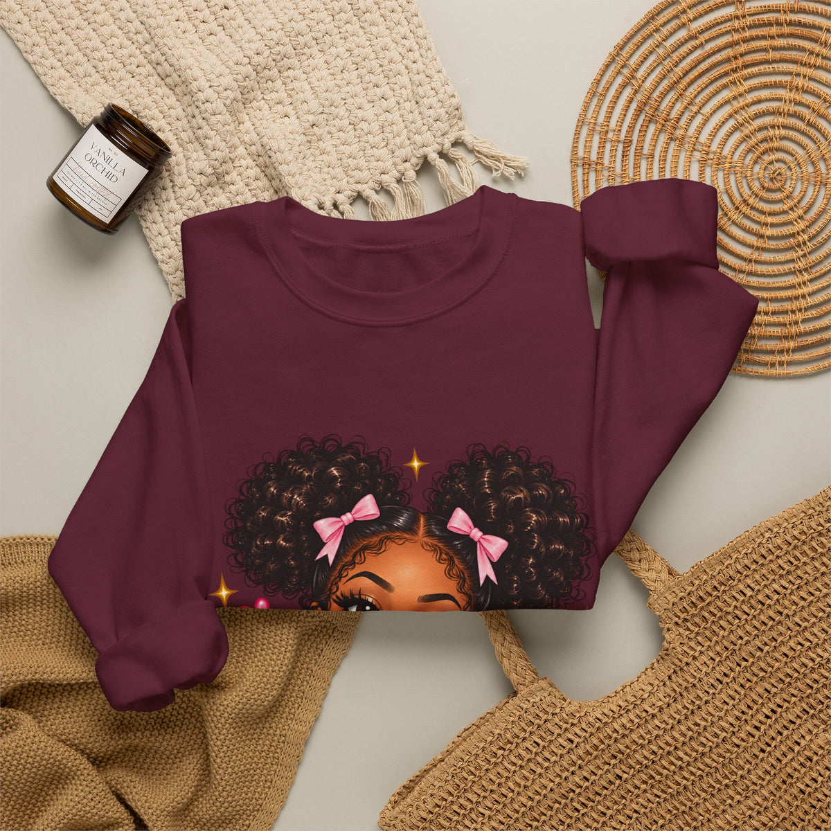Playful Afro Girl Sweatshirt – Pink Bows & Peace Signs – Adult Crewneck