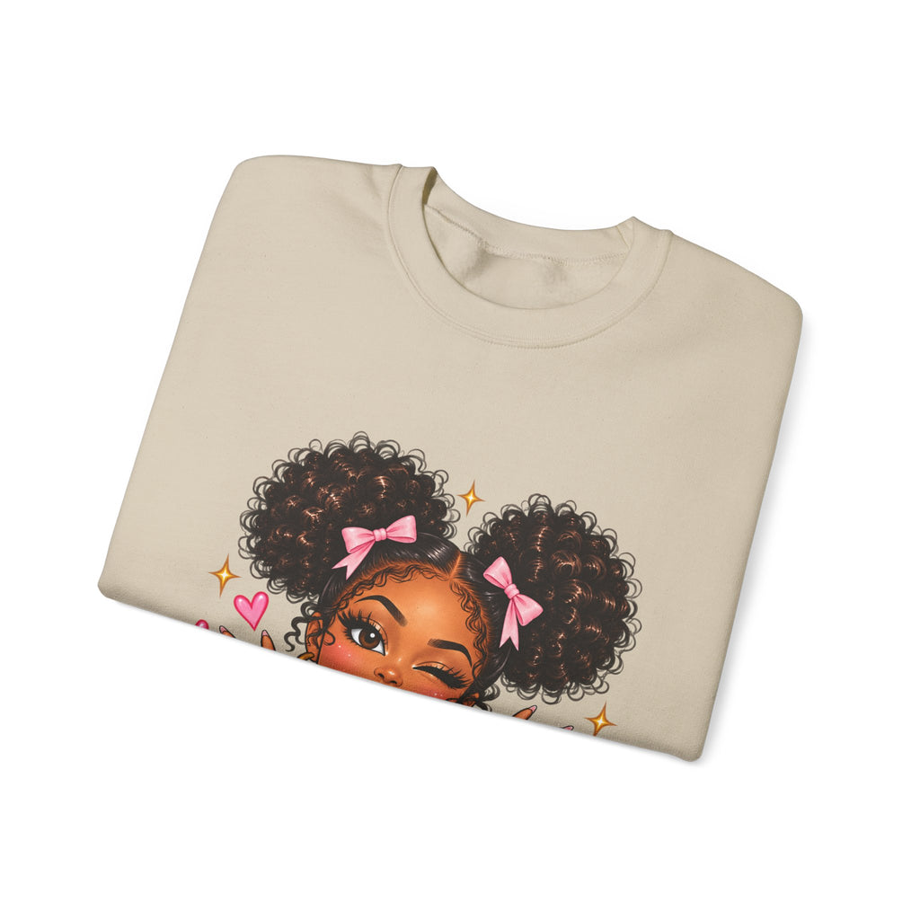 Playful Afro Girl Sweatshirt – Pink Bows & Peace Signs – Adult Crewneck