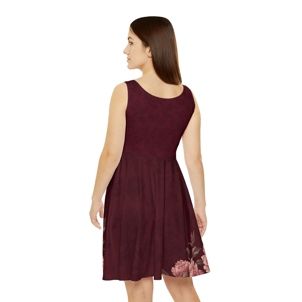 Burgundy Rose Skater Dress – Tonal Floral Print