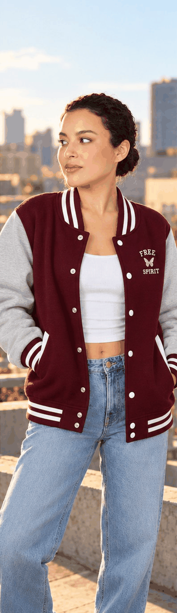 Free Spirit butterfly varsity jacket — Bordeaux Gris — individual woman lifestyle mockup