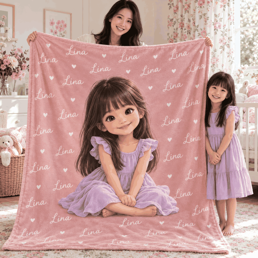 Personalized cartoon portrait blanket – Lina, example personalization