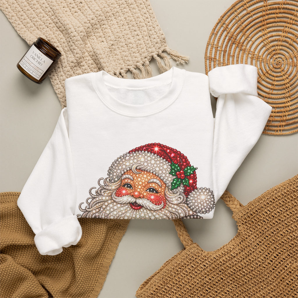 Santa Claus & Big Red Bow Sweatshirt for Women – Printed Rhinestone Effect