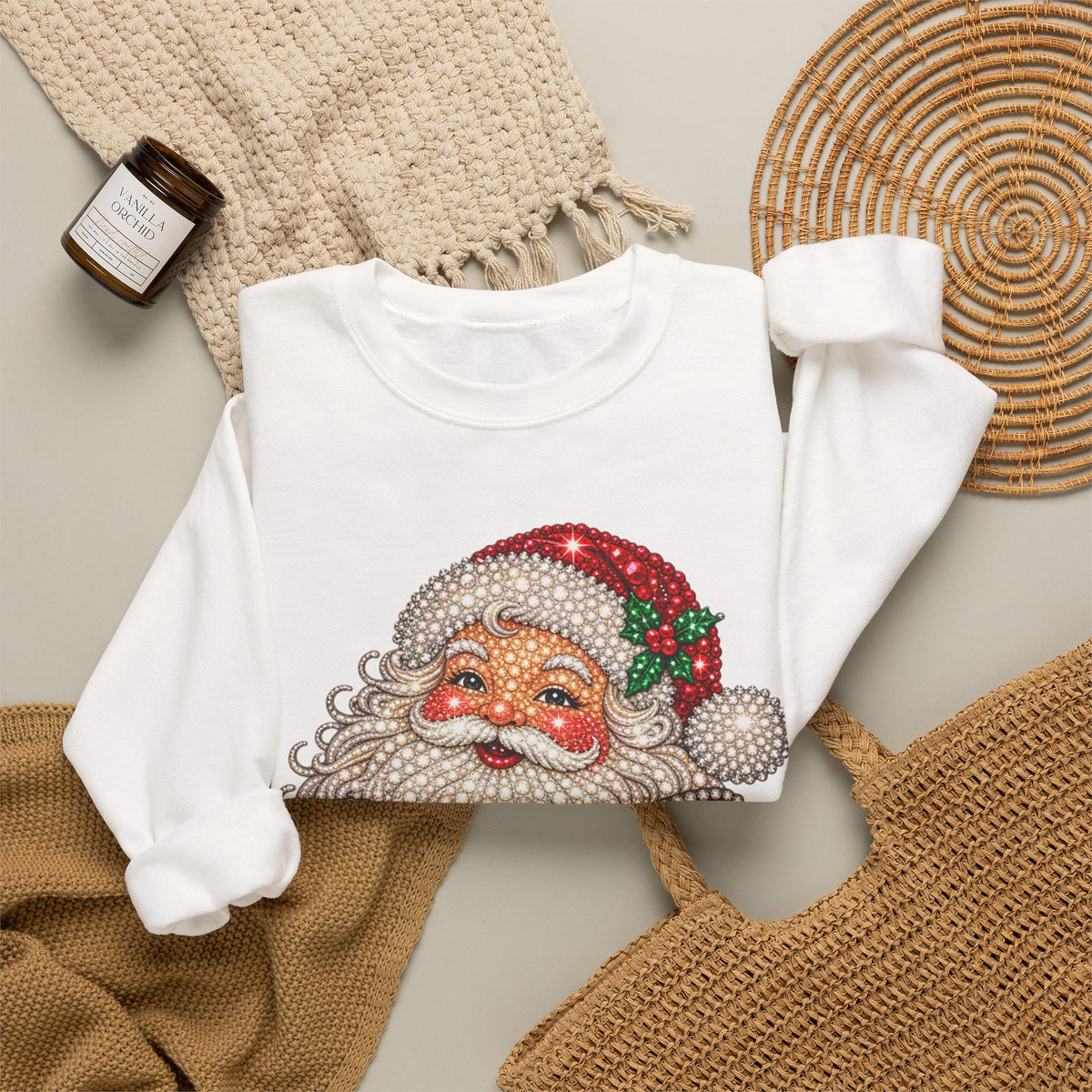 Santa Claus & Big Red Bow Sweatshirt for Women – Printed Rhinestone Effect