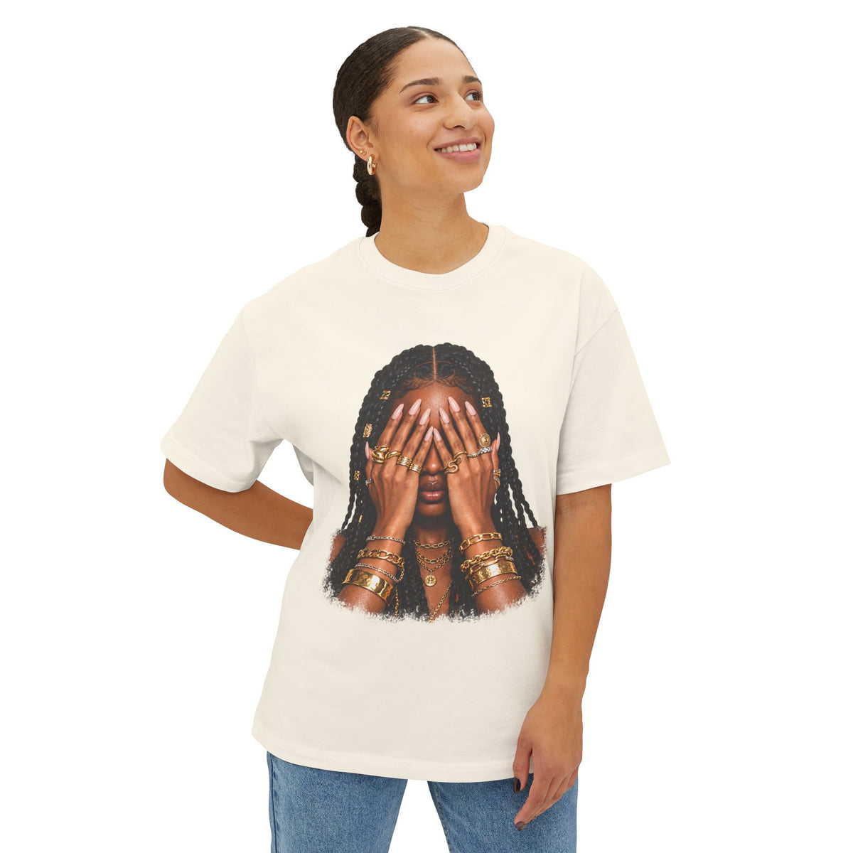Golden Confidence Oversized Graphic Tee – Braided Woman & Gold Jewelry Print