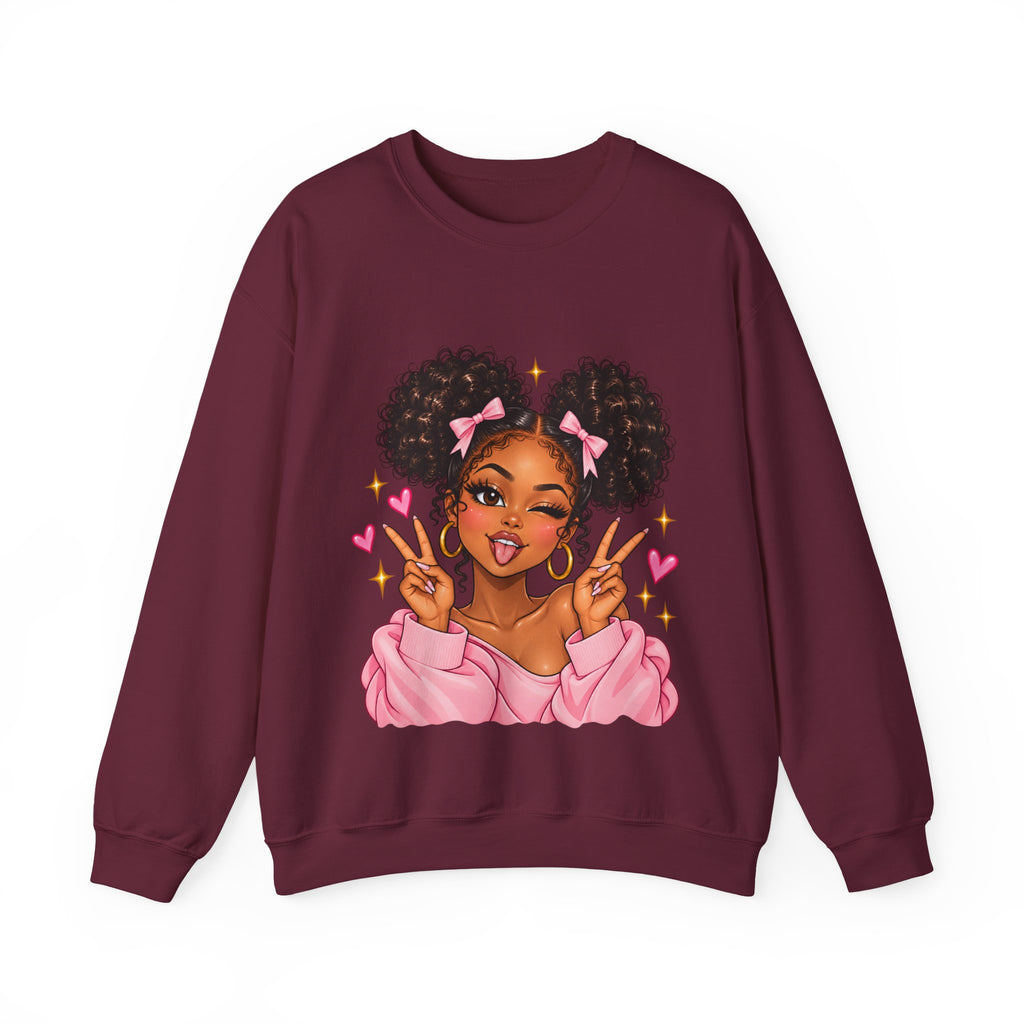 Playful Afro Girl Sweatshirt – Pink Bows & Peace Signs – Adult Crewneck