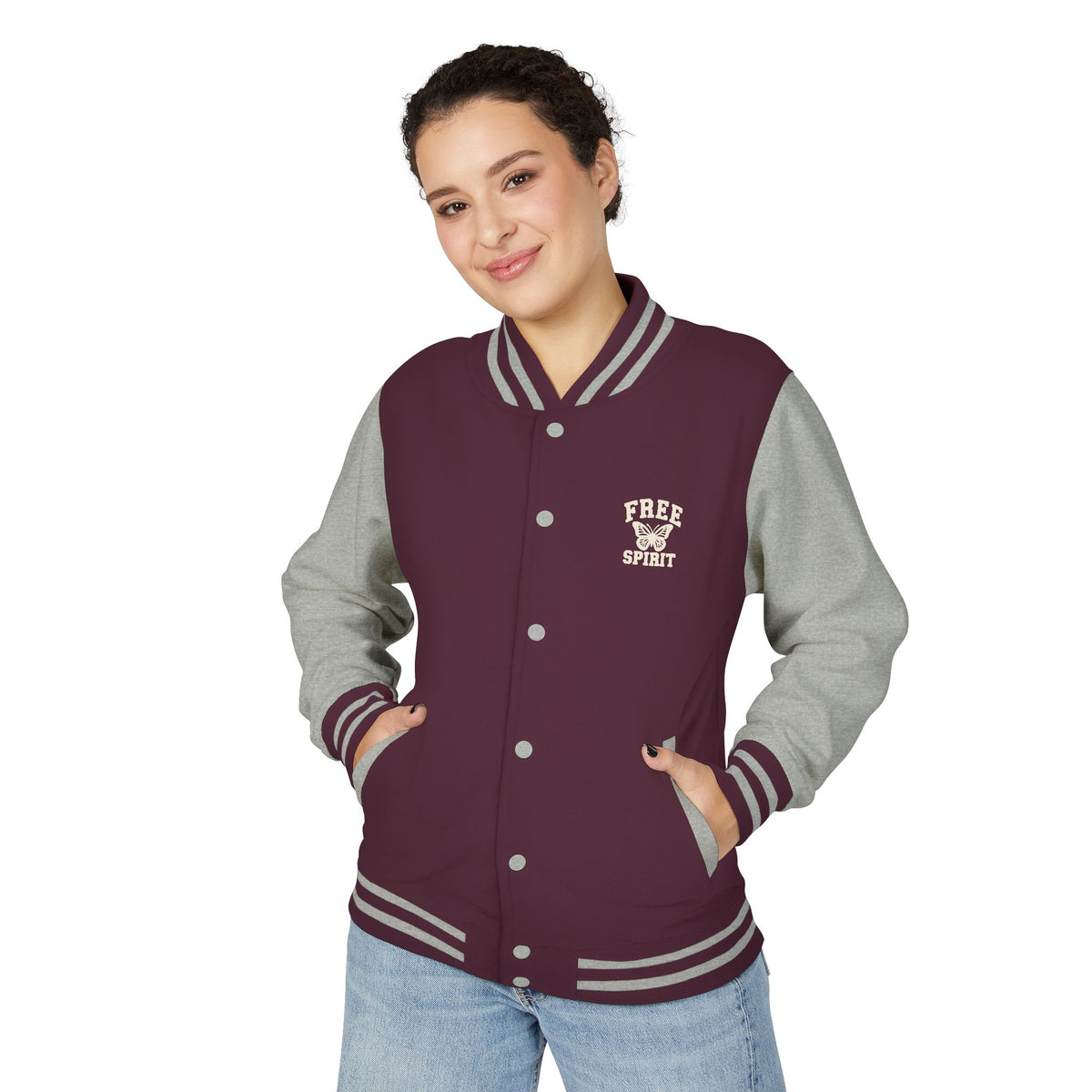 Free Spirit Butterfly Varsity Jacket – Women’s Collegiate Style Letterman Jacket