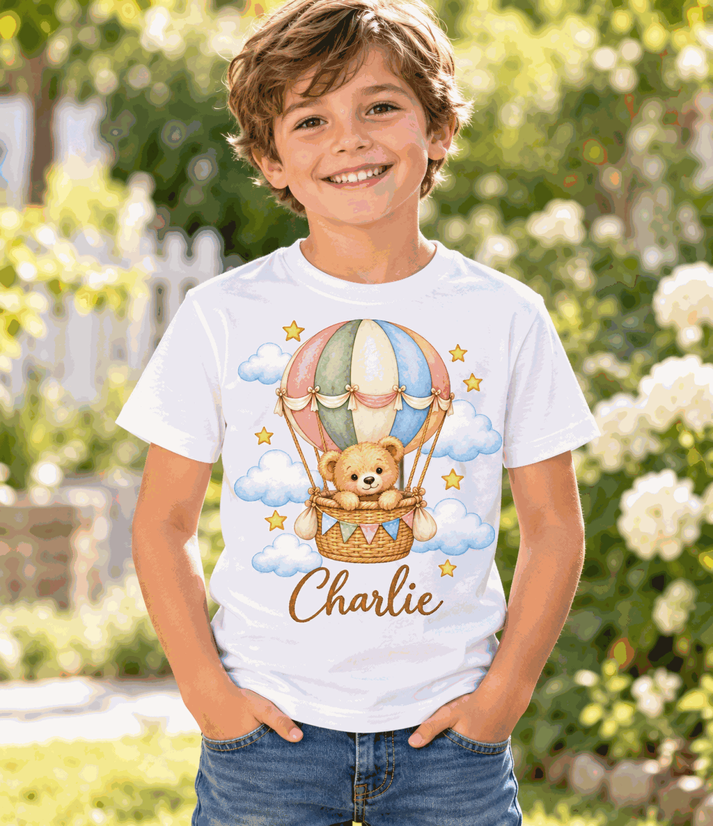 Illustrative child mockup: white personalized teddy balloon T-shirt, Charlie sample name