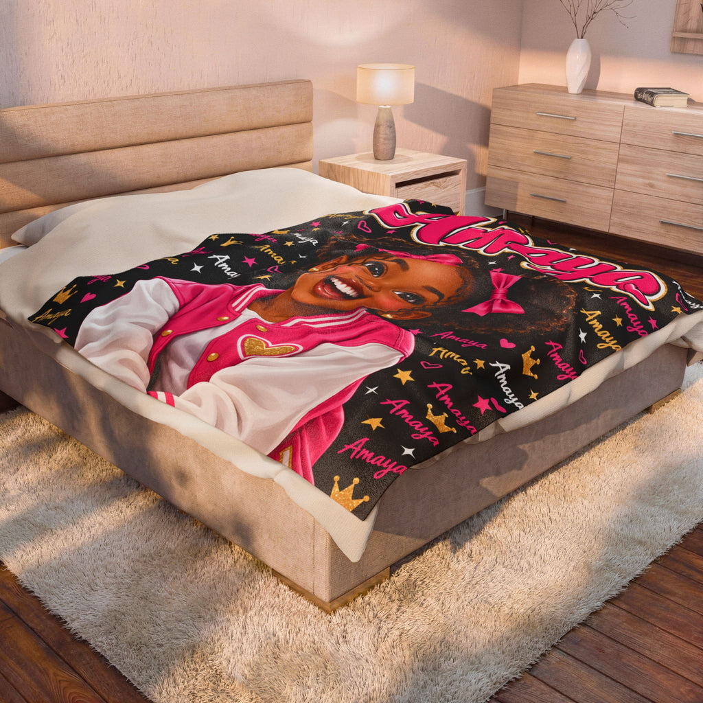 Personalized Girl Portrait Blanket – Custom Photo & Name, Pink and Gold Velveteen Throw