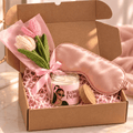 Baddie Energy gift box with illustrated soy candle, crochet tulip bouquet and plain champagne satin sleep mask