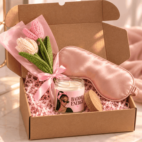 Baddie Energy gift box with illustrated soy candle, crochet tulip bouquet and plain champagne satin sleep mask