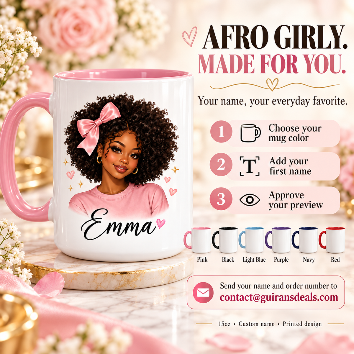 How to personalize your Afro Girly mug: choose color, add name, approve preview