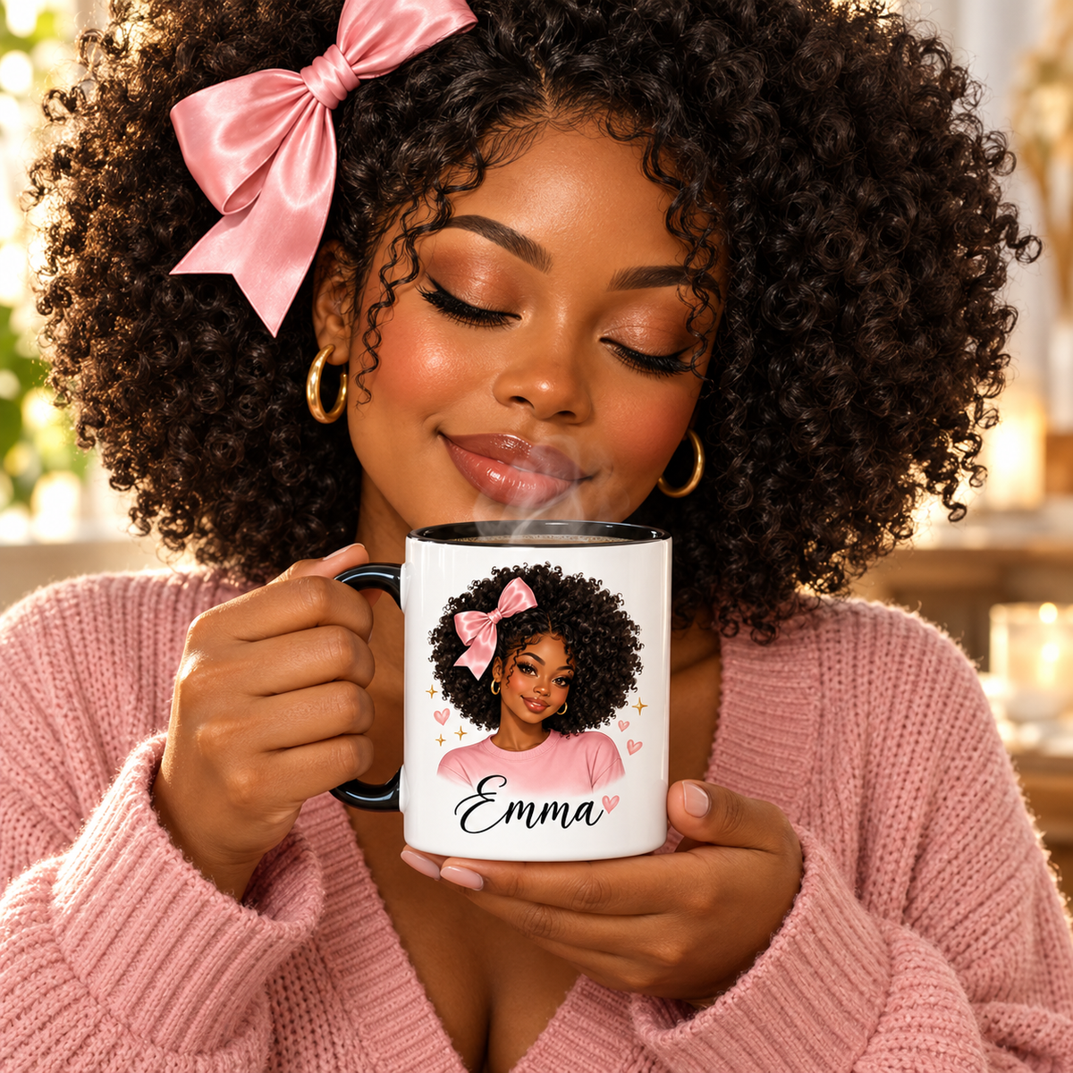 Close-up woman savoring steaming coffee with personalized Afro Girly mug, black handle