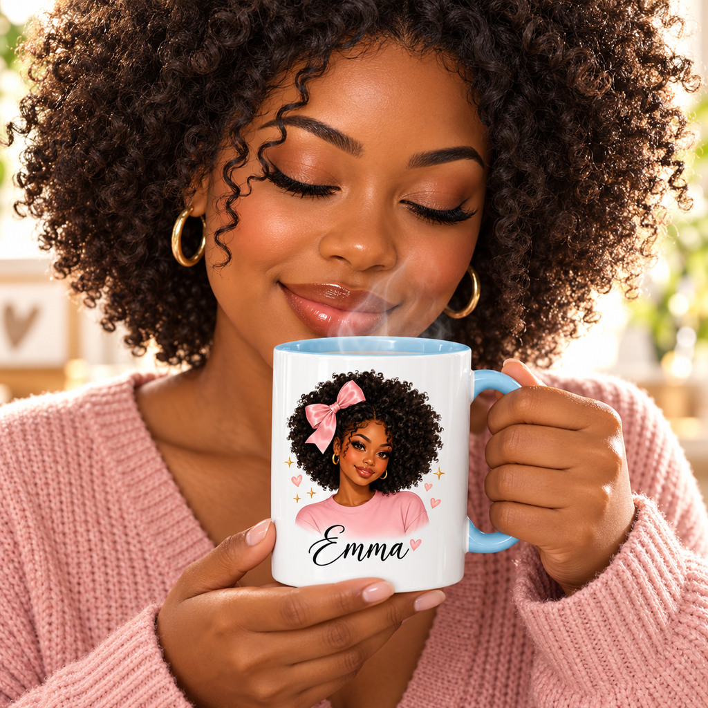 Close-up woman savoring steaming coffee with personalized Afro Girly mug, light-blue handle